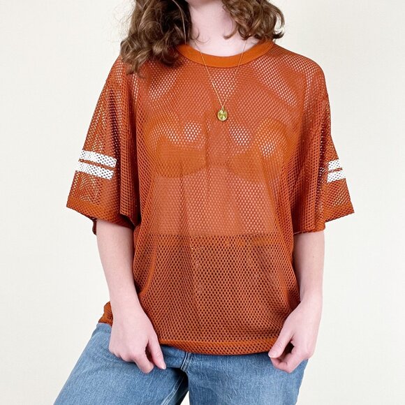 Vintage 1970s Football Jersey Mesh Semi Sheer Oversized Boyfriend T-Shirt Sporty - Picture 8 of 9